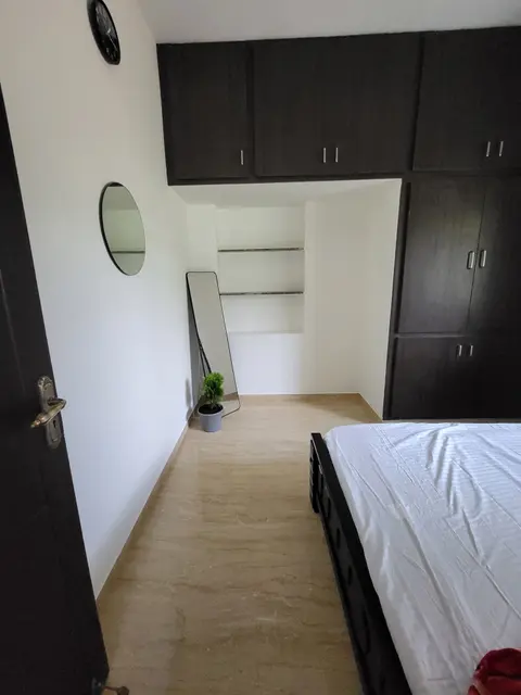 View from the bedroom door towards the cot, wardrobe and wall shelves